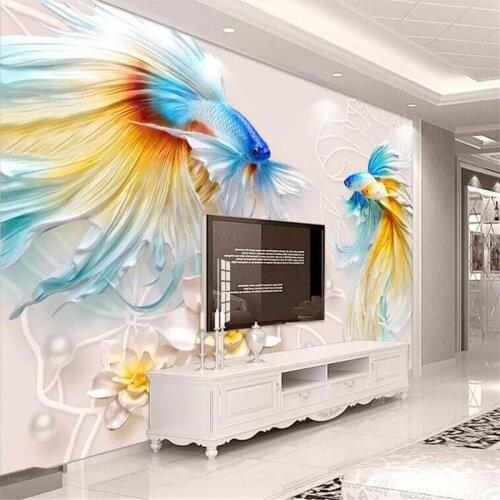 3D Anaglyph Goldfish Lotus Jewelry TV Background Wall Paper Manufacturer Wholesale Wallpaper Mural Custom Photo Wall