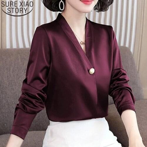 Plus Size Women Tops Elegant Office Lady Shirts Women Blouse Korean Long Sleeve Satin Shirt Fashion V-neck Button Shirts 13043
