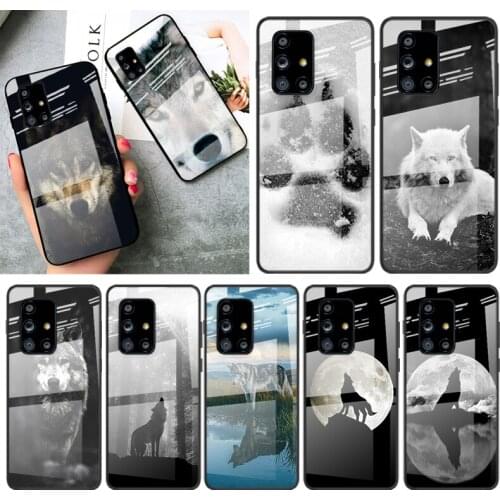 Tempered Glass Cover Cute Black Wolf Print For Samsung Galaxy A91 A81 A72 A71 A52 A51 A41 A31 A21S A11 A01 Phone Case