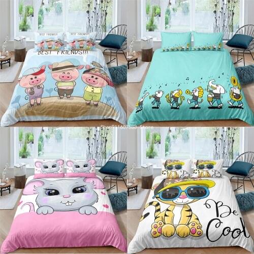 Cartoon Pink Printing Pig Tiger Children Kids Bedding Sets 100% Polyester Duvet Cover Pillowcase Queen Single King Size Bed Set