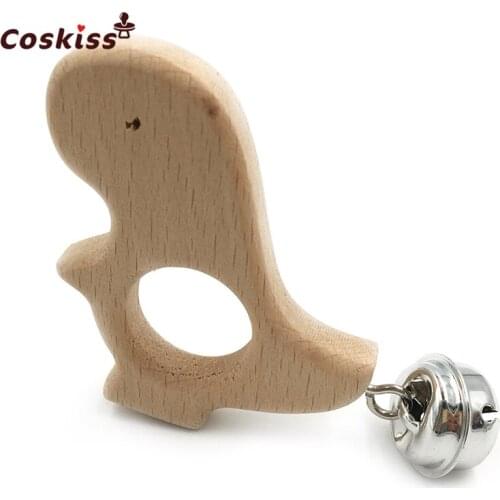 Baby Teether Bells Beech Wooden Dinosaur Natural Handmade Wooden Teether DIY Eco-Friendly Safe Newborns Enlightenment Toys