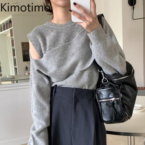Kimotimo Design Pullover Sweater Women Autumn O-neck Off-shoulder Patchwork Fake Two Top Korean Chic Long Sleeve Knit Sweaters