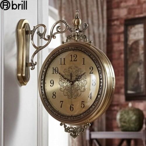 Double-side Gold Luxury Wall Clock 3d Large Solid Wood Metal Wall Watches Home Decor Silent Farmhouse Decor Reloj Mural Vintage