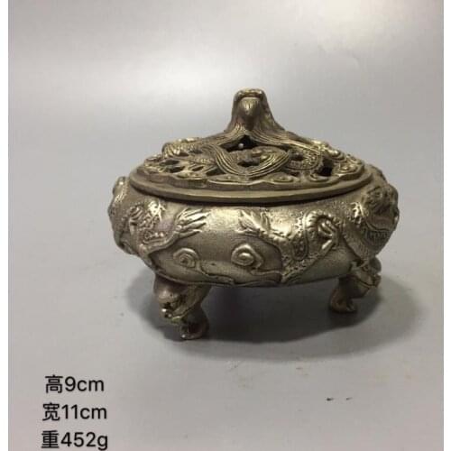 Collectible archaize white copper nine dragon Incense Burner/Holder Cupronickel play The Ball Sandalwood Censer Incense