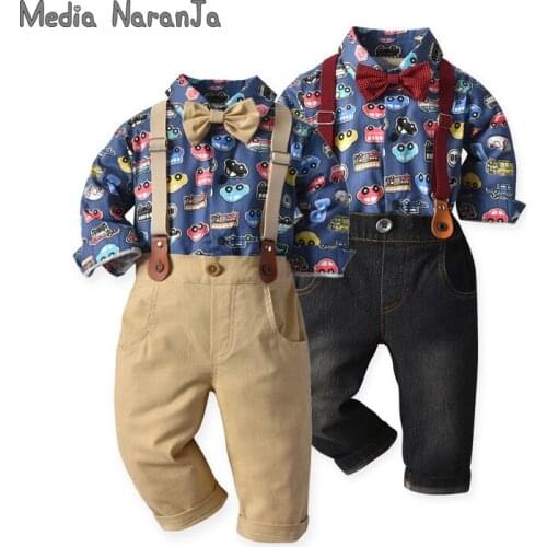 Boy Suit Spring Autumn New Baby Long-Sleeved Gentleman Dress Strap car bow tie bodysuit/shirt +pants Suit Boy