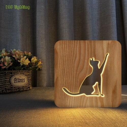 Square Wooden Cartoon Cat Night Lights USB Plug Bedroom Night lamp Childrens Gifts Warm light Cute Animals Atmosphere Lighting