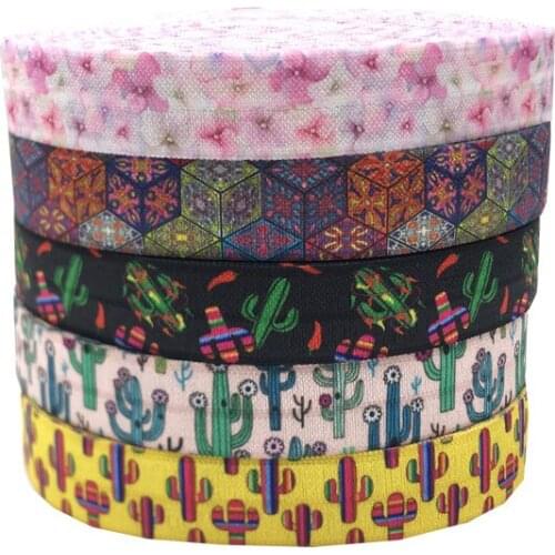 10Y 15mm Flowers Cactus Print Skinny Fold Over Elastic FOE Ribbon Webbing For Headwear Hair Sewing Accessories