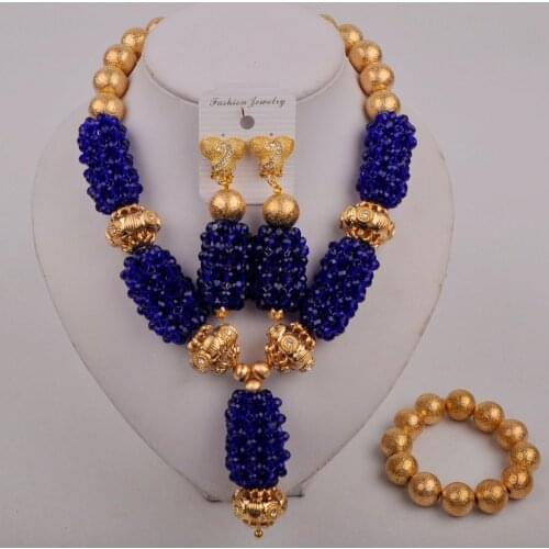 Fashion African Beads Jewelry Set Royal Blue Crystal Beaded Necklace Handmade Nigerian Traditional Wedding Party Style