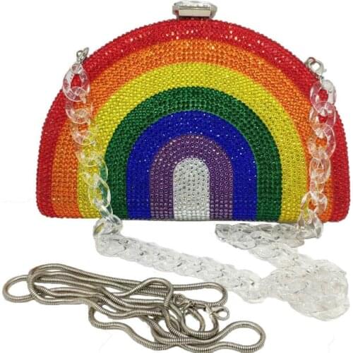 New Lady Factory Full Crystal Stone Rainbow Evening Bag Diamond Metal Box Colorful Rhinestone Hardcase Clutch Bag for Wedding