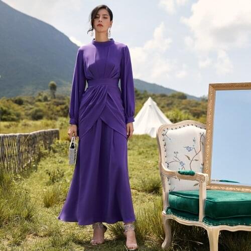 BA029 Purple Long Sleeve Women Elegant A-Line Maxi Dress Vintage European Southeast Asia Lady Clothing Wrap Dress Tight-fitting