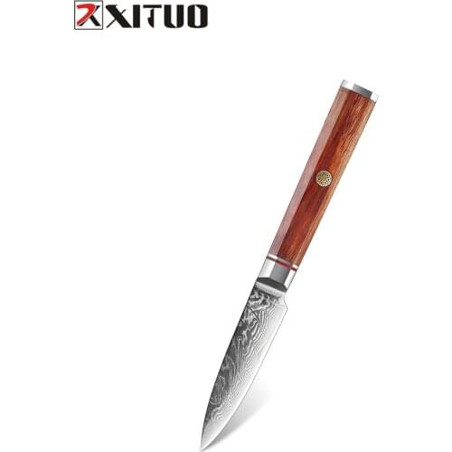 XITUO 3.5" Fruit Knife Rose Wood Handle Damascus Stainless Steel Kitchen Knives Ultra Sharp 67layers Blade Paring Utility Knife
