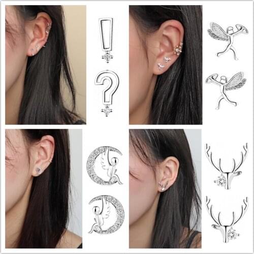 Oly2u Punk Crystal Language Sign Small Studs Earrings Cute Lucky Crescent Deer Earings Christmas Gifts for Women Aretes De Mujer