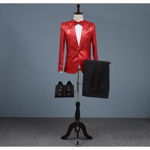 Singer star style stage red clothing for men sequins suit set with pants 2020 mens wedding suits costume groom formal dress tie