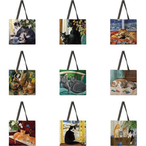 Folding shopping bag oil painting cat lady shoulder bag female leisure handbag outdoor beach bag female tote bag