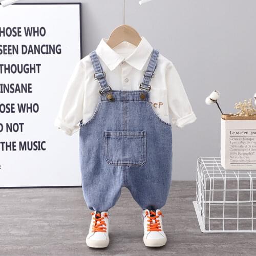 Spring Baby Boys Tracksuit Kids Long Sleeve Solid Top SHIRT Denim Pants Overalls 2pcs/Set Children Clothing Infant Sport Suit