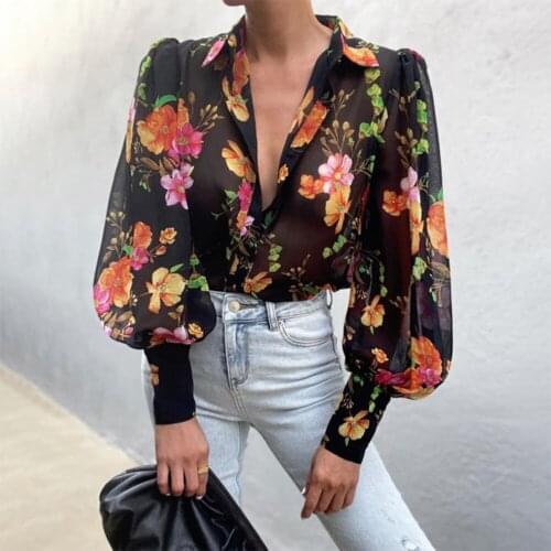 2021 European and American Womens Top Summer New Fashion Printing V-neck Long Sleeve Shirt