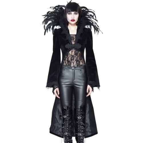 Gothic Jacket Womens Sexy Black Coats Dark Stand Feathers Jackets Asymmetric Length Thick Coats Halloween Costumes