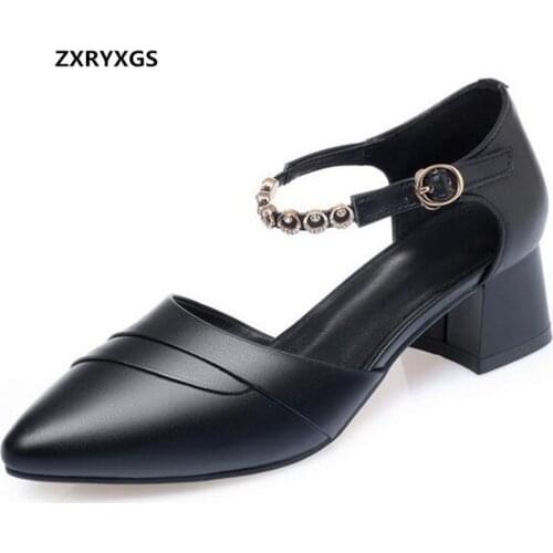 2020 New Summer Top Cowhide Pointed Leather Sandals Women Sandals Thick Heel Non-slip Large Size Women Shoes fashion Sandals