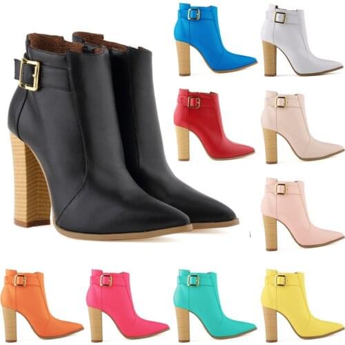Womens 10cm Thick Grained Heel Short Boots Soft Leather Retro Buckle High Heels Shoes Zip Pointed Toe Women Party Boots Autumn