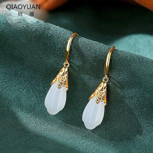 925 sterling silver earings jade earrings for women Retro folk costume Jewelry fancy Gemstone lotus earrings real gold jewelry