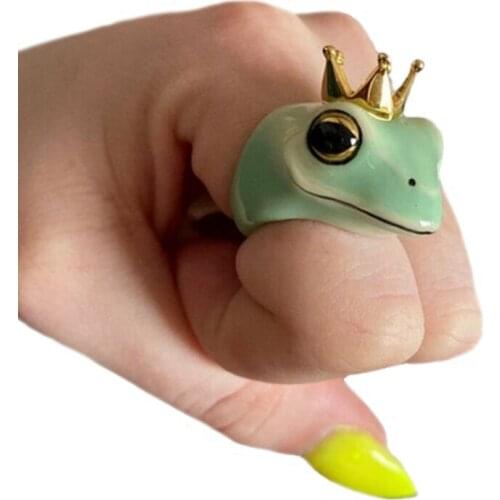 Crown Frog Ring For Women Animal Band Green Enamel Friends Girl Child Party Daily Jewelry Gift