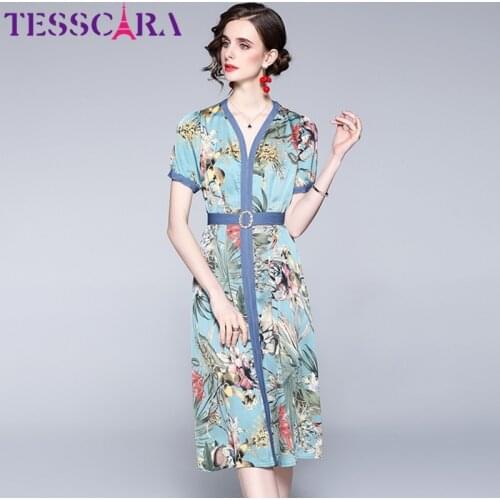 TESSCARA Women Summer Elegant Dress Festa High Quality Long Vintage Office Party Robe Femme Runway V-Neck Designer Blue Vestidos