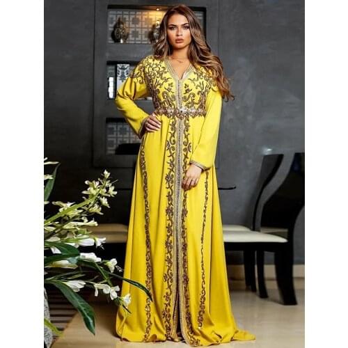 2020 jaune Caftan marocain musulman robes de soirée or Appliques cristal a-ligne dubaï formelle Occasion spéciale robes