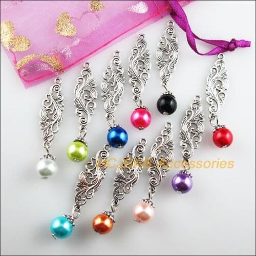 10 New Phoenix Flower Charms Mixed Glass Beads Pendants Tibetan Silver 9.5x42mm