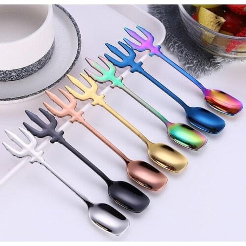 100pcs Creative Trident Stainless Steel Coffee Spoon 7 Colors Fruit Fork Multi Function Flatware Kitchen Accessories WB132