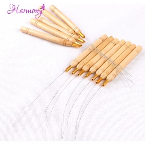 100pcs/lot Micro Nano Ring Wooden Handle Pulling Loop Needle For Human Hair micro Loop Hair Extension Tools