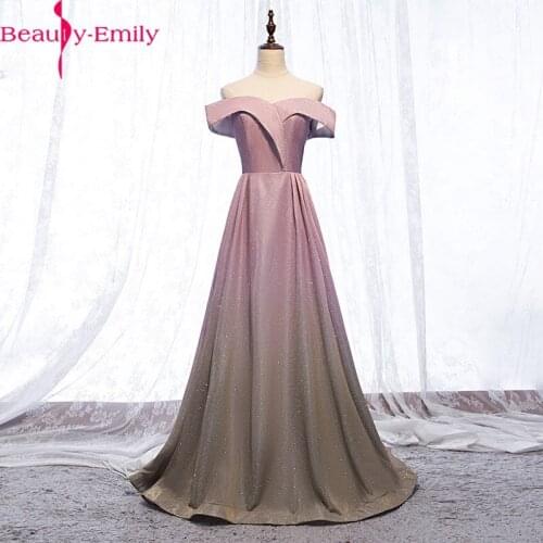 2020 Long Boat Neck Gradient Color Evening Dress For Party Sequin Simple Off the Shoulder Lace Up Back Prom Gowns Real Photo