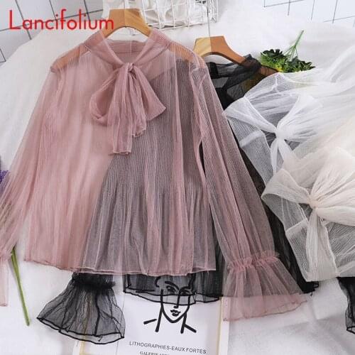 White Ladies Fashion Sheer Tops Plus Size Bow Long Sleeve Lace Mesh Gauze Cottagecore Blouses Summer Women 2021 Casual Shirts
