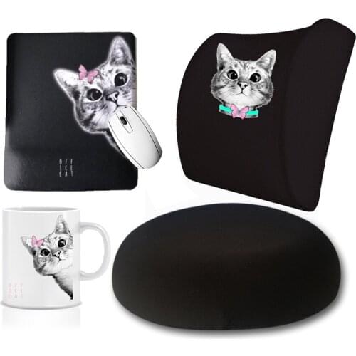 Custog Memory Foam Visco For Office Chair Waist Support Pillow & Seating Cushion & Mouse Pad & Mug Set Of 4 Cat