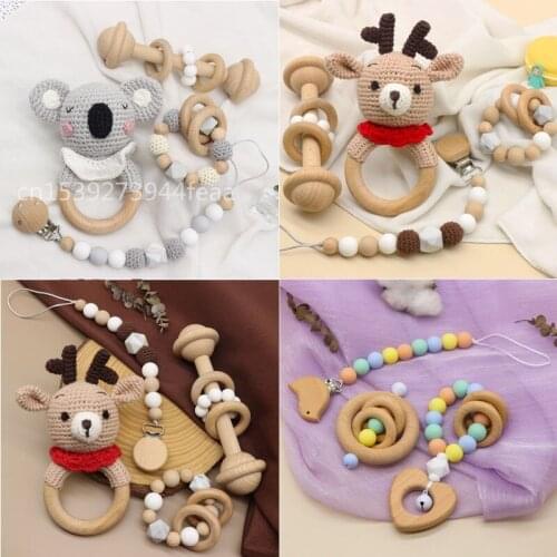 Baby Pacifier Clip Dummy Chain Holder Wooden Teething Bracelet Crochet Toy Rattle Soother Molar Infants Teether Newborn Shower G