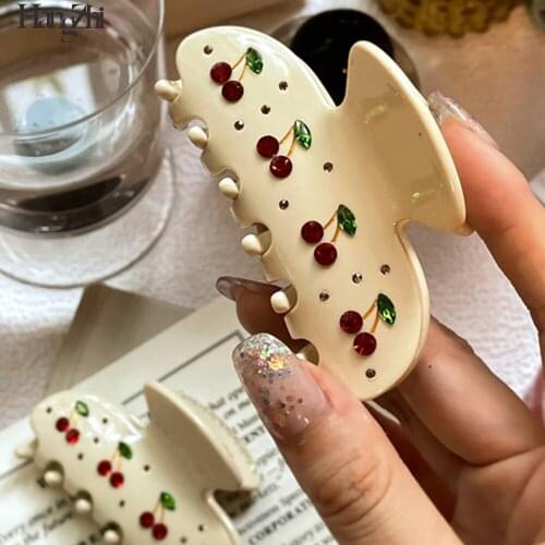 HangZhi New Sweet Cherry Black White Vintage Rhinestone Romantic Acrylic Hair Claws for Women Hair Accessories Hairpin Headwear