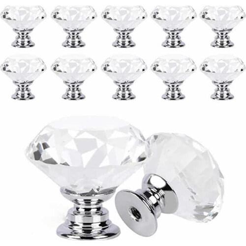 10Pcs/set 30mm Diamond Shape Design Crystal Glass Knobs Cupboard Drawer Pull Kitchen Cabinet Door Wardrobe Handles Hardware