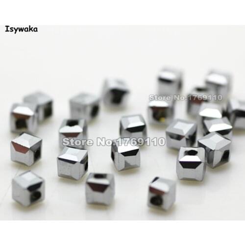 Isywaka 100pcs Cube 4mm Shining Silver Color Square Austria Crystal Beads Glass Beads Loose Spacer Bead for DIY Jewelry Making