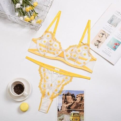 2021 Women Sexy 2PCS Embroidery Lace Hollow Out Exotic Sets Femme Lingeries Tops+Panties Sexy Exotic Clothes for Valentines Day