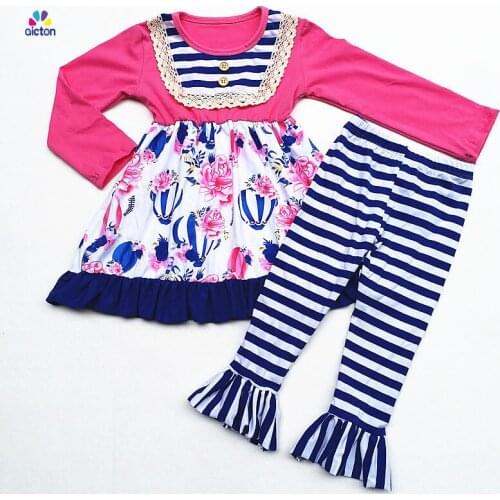 Best selling children boutique clothing factory in china floral printed baby girls clothes Set Girl Flower top stripped pants