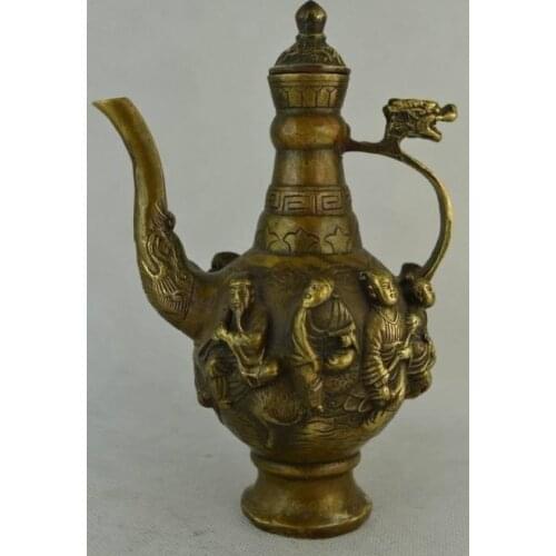 6.75 inch / Elaborate Chinese old copper hand-carved eight immortal dragon teapot
