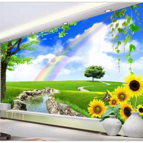 Beibehang Wallpaper custom living room bedroom mural fresh sky rainbow grass decoration background wall frame picture
