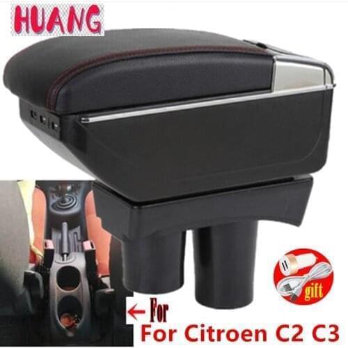 For Citroen C2 armrest box For Citroen C2 C3 USB Charging heighten Double layer central Store content holder ashtray accessories