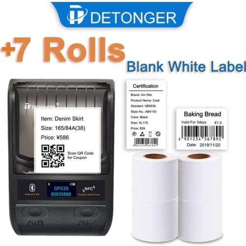DETONGER DP23S 2 inch Portable Handheld Thermal Label Maker BT Barcode QR Code Sticker Plus 7 Rolls Blank White Label