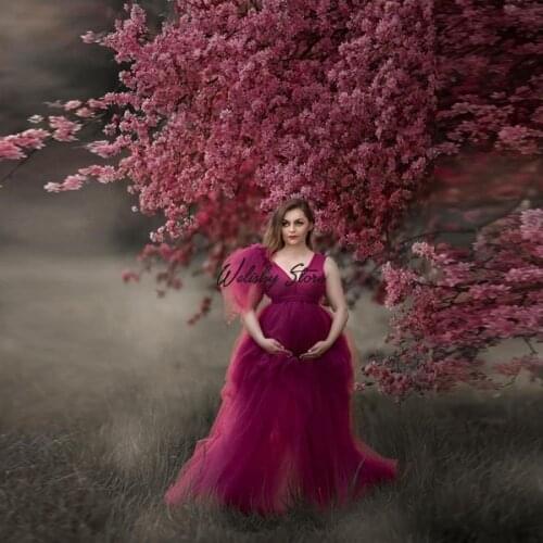 Sexy Purple V Neck Sleeveless Maternity Dresses Photo Shoot Puffy Ruffled Long Tulle Casual Dress For Pregnant Women Plus Size