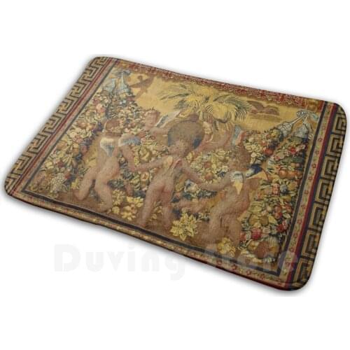 Six Putti Dancing Around A Globe And A Palm , Gold Yellow Brown Floral Renaissance Tapestry Carpet Mat Rug Cushion Soft