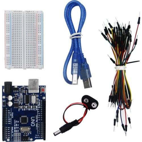 Starter Kit for Uno R3 - Bundle of 5 Items: Uno R3, Breadboard, Jumper Wires, USB Cable and 9V Battery Connector