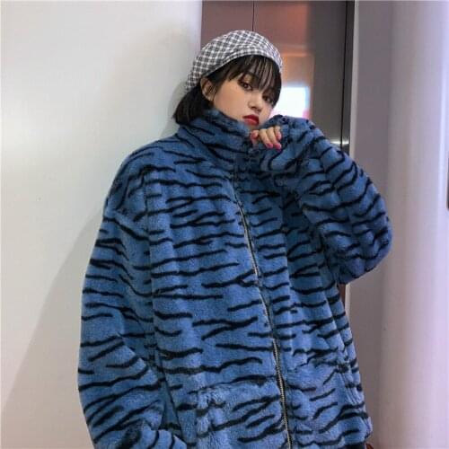 Streetwear Zebra Tiger Pattern Women Zipper Jacket Retro Winter Warm Women Coats Fashion Plush Zipper Pocket Jacket Woman Jacket