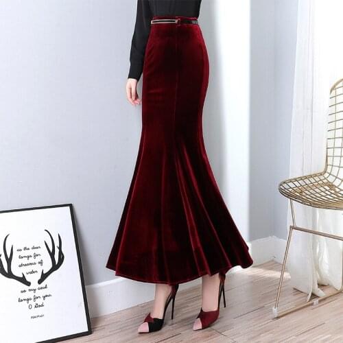 Autumn Ladies 90Cm Long Velvet Claret Skirts Winter Women Oversize High Waist Maxi Ruffles Black Mermaid Skirt DS312