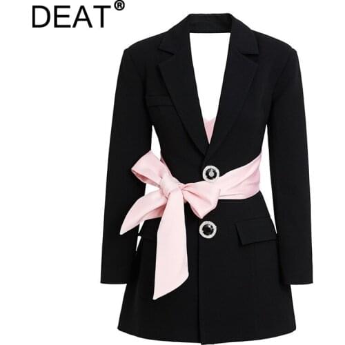 DEAT Women Jackets Pink Bow Lacing Backless Diamonds Button Long Sleeve High Street Style Coat 2021 New Autumn Fashion 15JK561