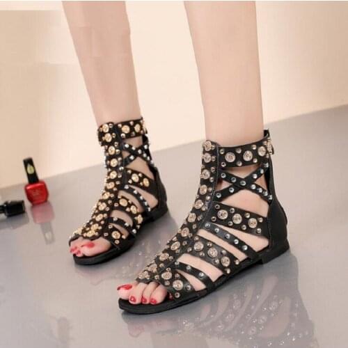 Summer New Rivet Metal Decoration Peep Toe Cut Out Plus Size 41 42 Women Fashion Gladiator Sandals Ladies Ankle Short Boots